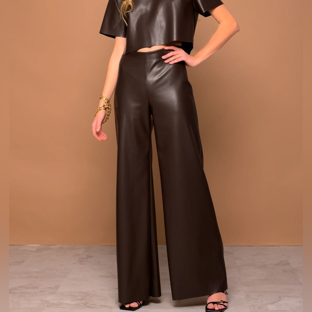 Lavender Brown Leona Vegan Leather Wide Leg Pants, Espresso